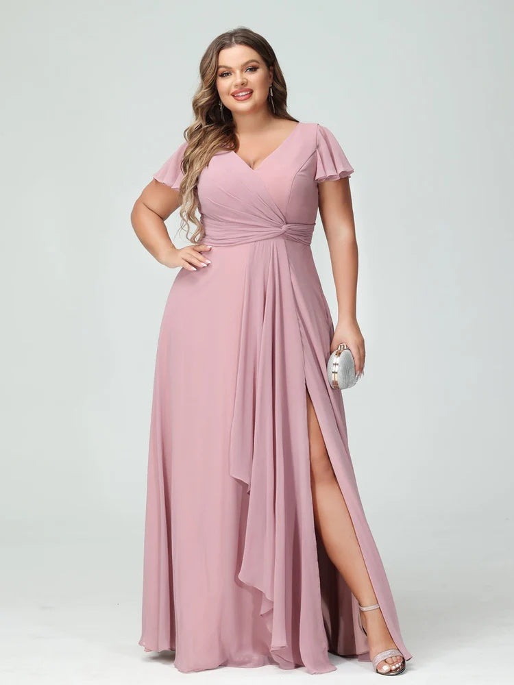 A-Line/Princess V-Neck Short Sleeves Chiffon Ruffles Split Side Plus Size Bridesmaid Dresses with Pockets