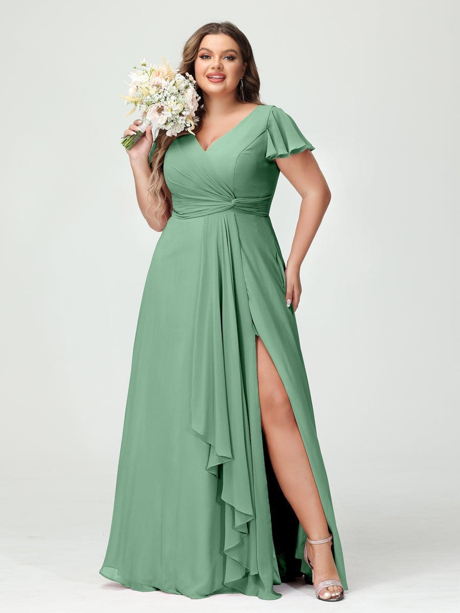 A-Line/Princess V-Neck Short Sleeves Chiffon Ruffles Split Side Plus Size Bridesmaid Dresses with Pockets