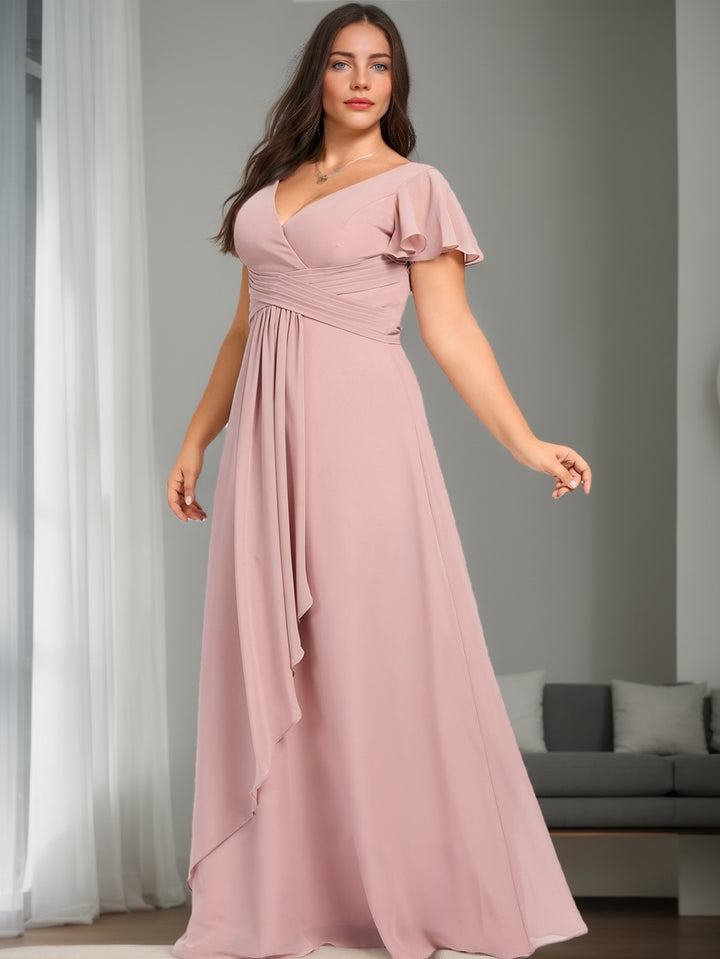 A-Line/Princess V-Neck Short Sleeves Floor-Length Unique Plus Size Bridesmaid Dresses with Ruffles