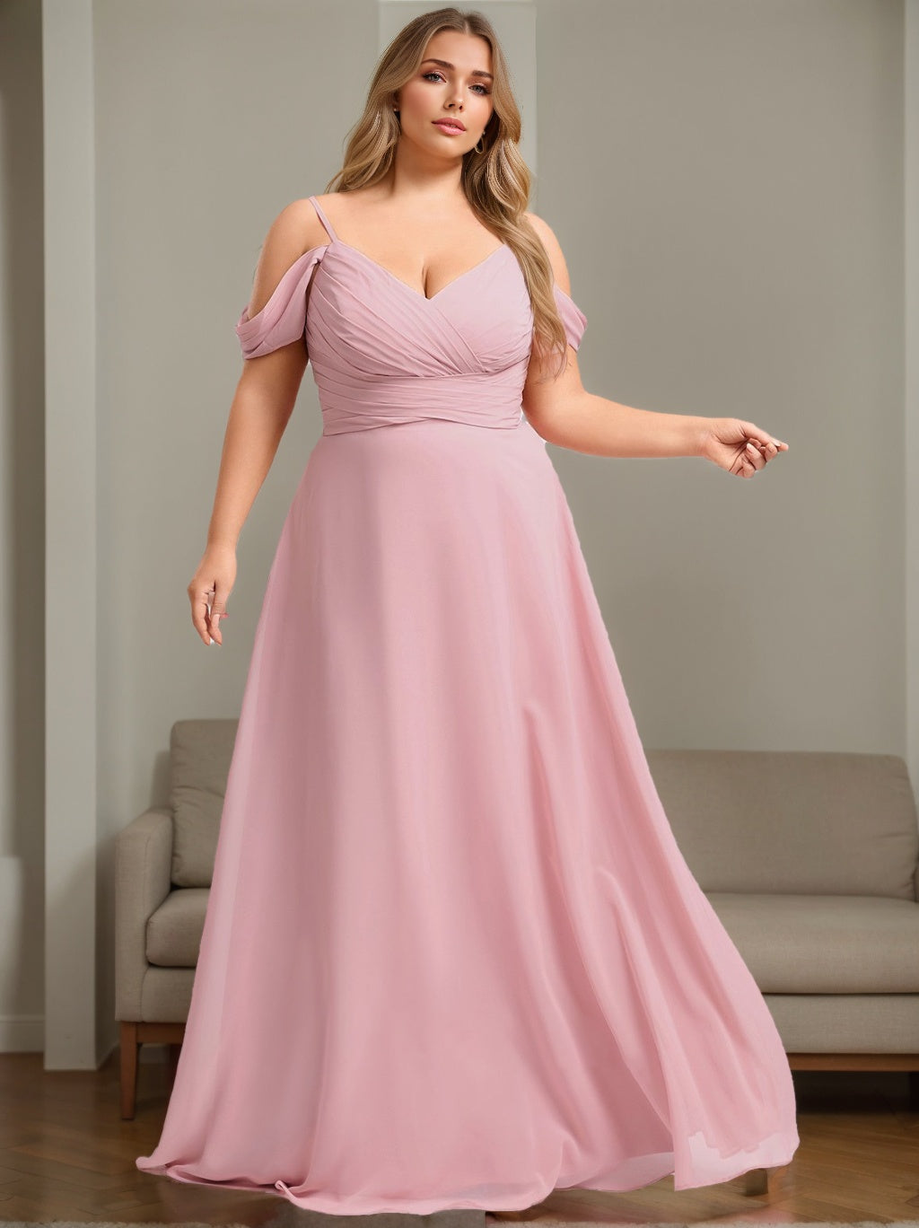 A-Line/Princess Spaghetti Straps Sleeveless Floor-Length Plus Size Long Bridesmaid Dresses with Ruffles