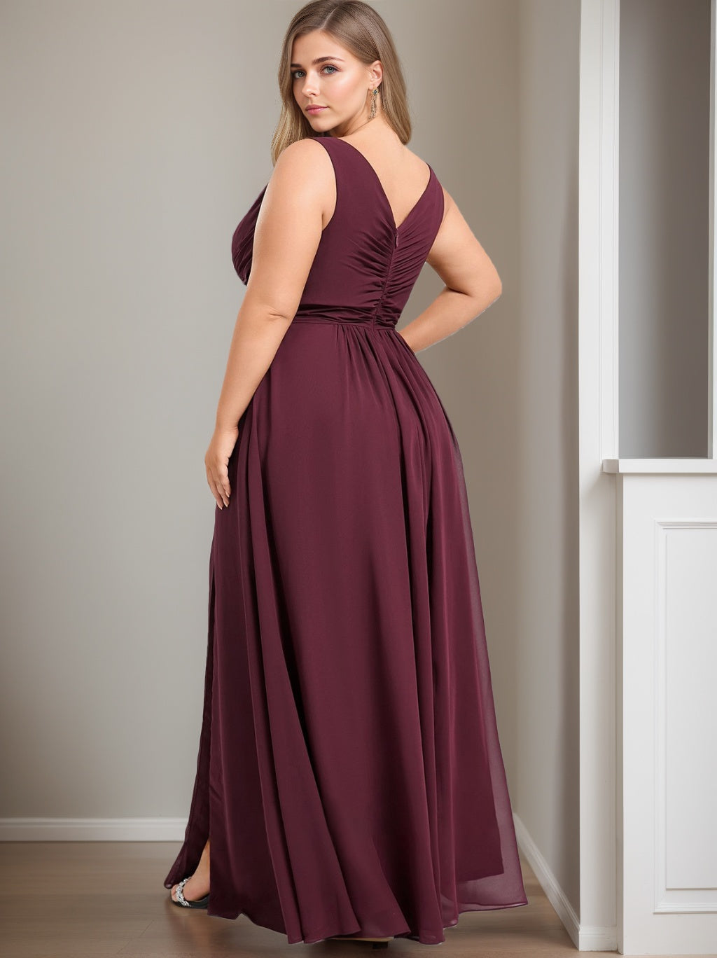 A-Line/Princess Scoop Sleeveless Floor-Length Chiffon Plus Size Brides - Mondressy A-Line/Princess Scoop Sleeveless Floor-Length Chiffon Plus Size Brides - Mondressy
