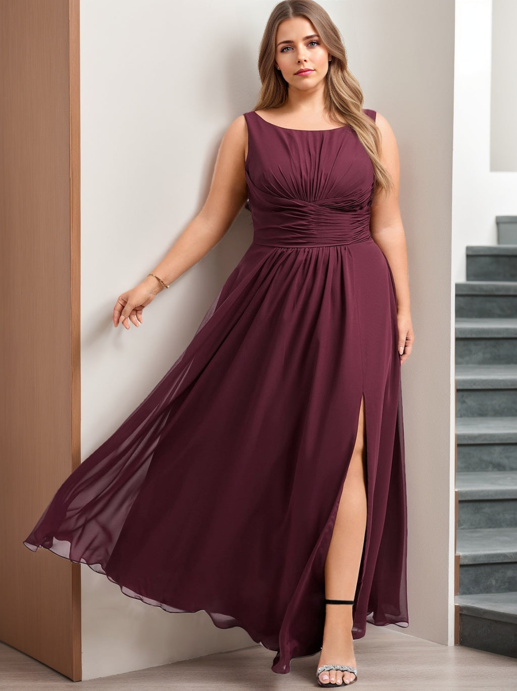 green emerald velvet dress Cabernet Bridesmaid Dresses Plus Size for Women Chiffon A-Line Scoop Neck Sleeveless Long Formal Evening Gowns with Split Side, Cabernet