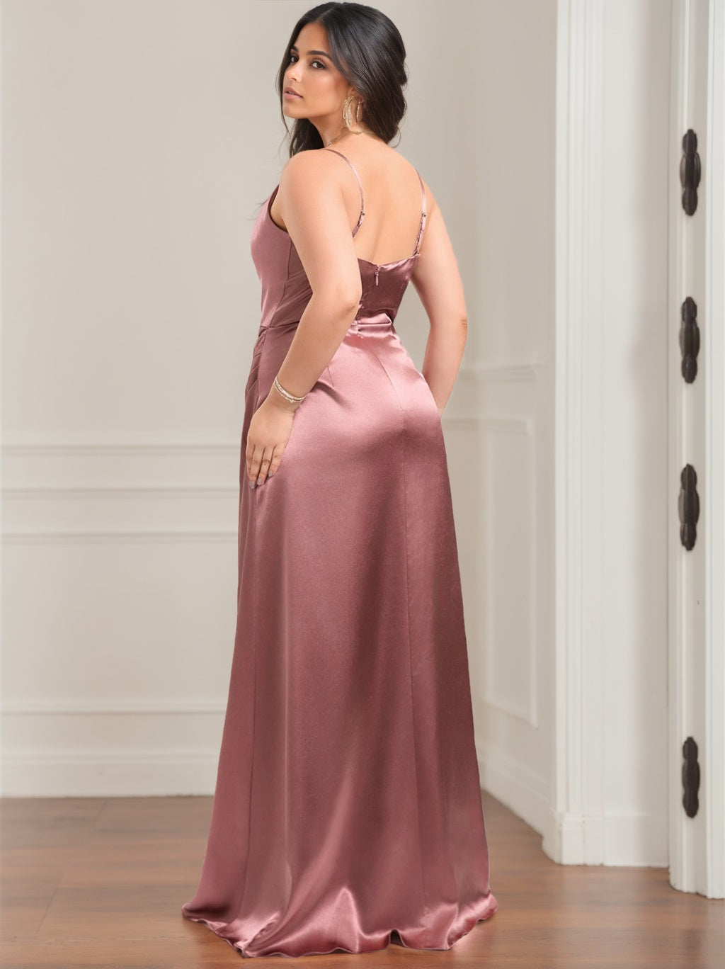 A Line/Princess Cowl Sleeveless Floor-Length Stretch Satin Plus Size Bridesmaid Dresses