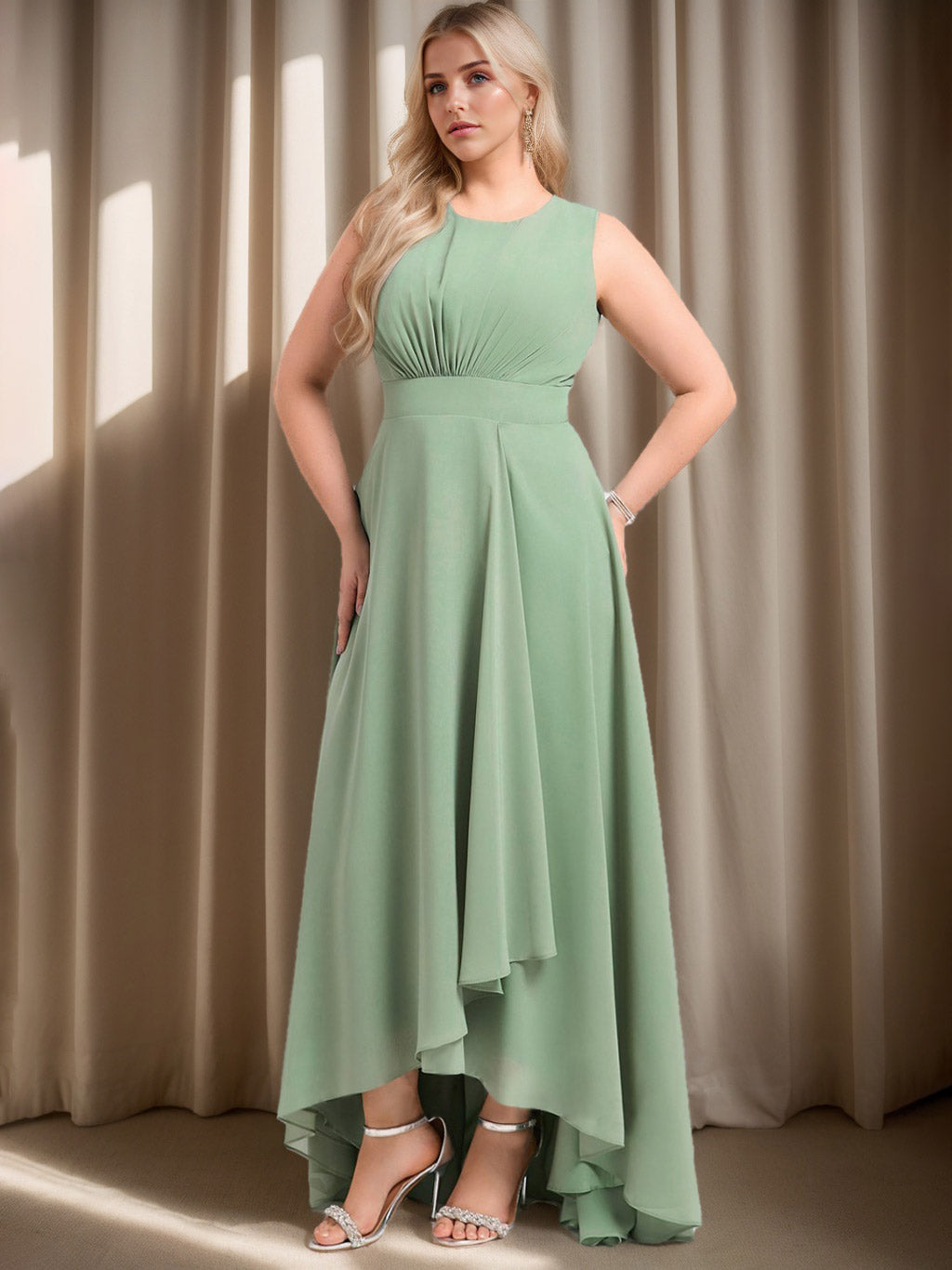 2026 Bridesmaid Dresses Plus Size Chiffon A-Line Scoop Neck Sleeveless Asymmetrical Formal Wedding Party Evening Gowns, As Pic