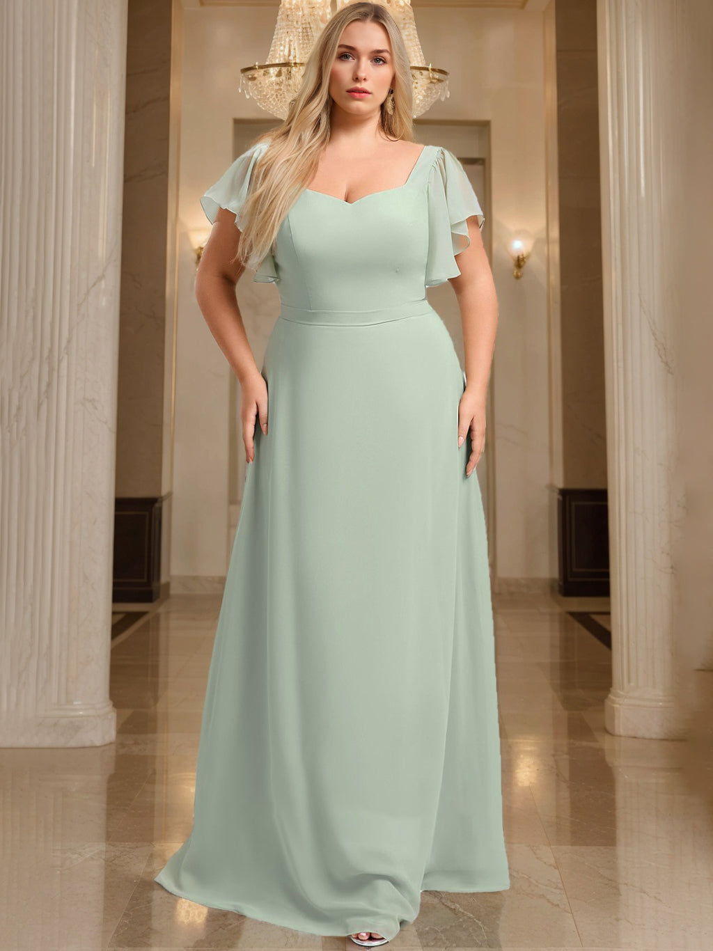 Mondressy Bridesmaid Dresses Plus Size 2026 for Women A-Line V-Neck Flutter Sleeves Floor-Length Chiffon Formal Evening Gowns, Celadon