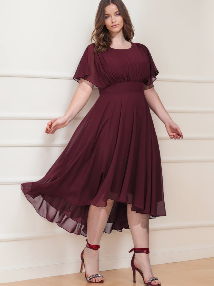 A-Line/Princess Scoop Short Sleeves Asymmetrical Plus Size Bridesmaid Dresses with Ruffles