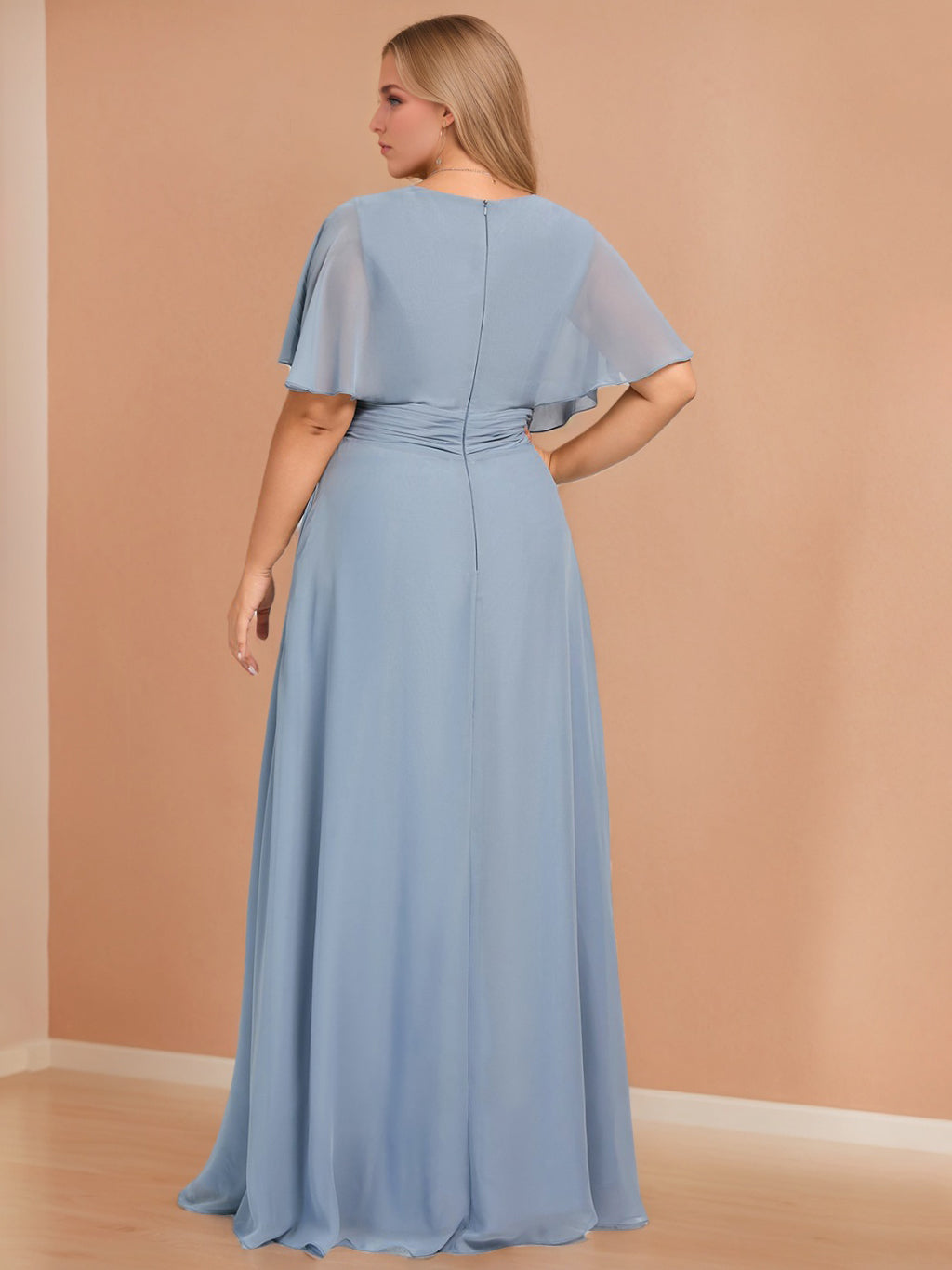 A-Line/Princess V-Neck Half Sleeves Floor-Length Chiffon Plus Size Bridesmaid Dresses with Ruffles