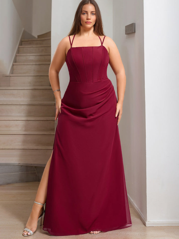 Mermaid/Trumpet Spaghetti Straps Square Neck Sleeveless Plus Size Bridesmaid Dresses with Split Side