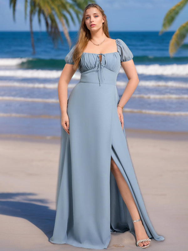 A-Line/Princess Square Neck Short Sleeves Chiffon Plus Size Bridesmaid Dresses with Ruffles & Split Side