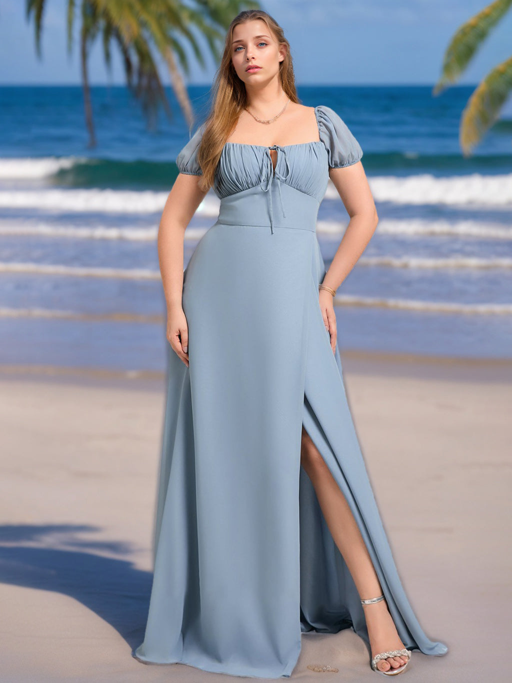 Dusty Blue Bridesmaid Dresses Plus Size Women's A Line Square Neck Short Sleeves Formal Wedding Guest Gowns with Split Side, Dusty Blue Dusty Blue Bridesmaid Dresses Plus Size Women's A Line Square Neck Short Sleeves Formal Wedding Guest Gowns with Split Side, Dusty Blue
