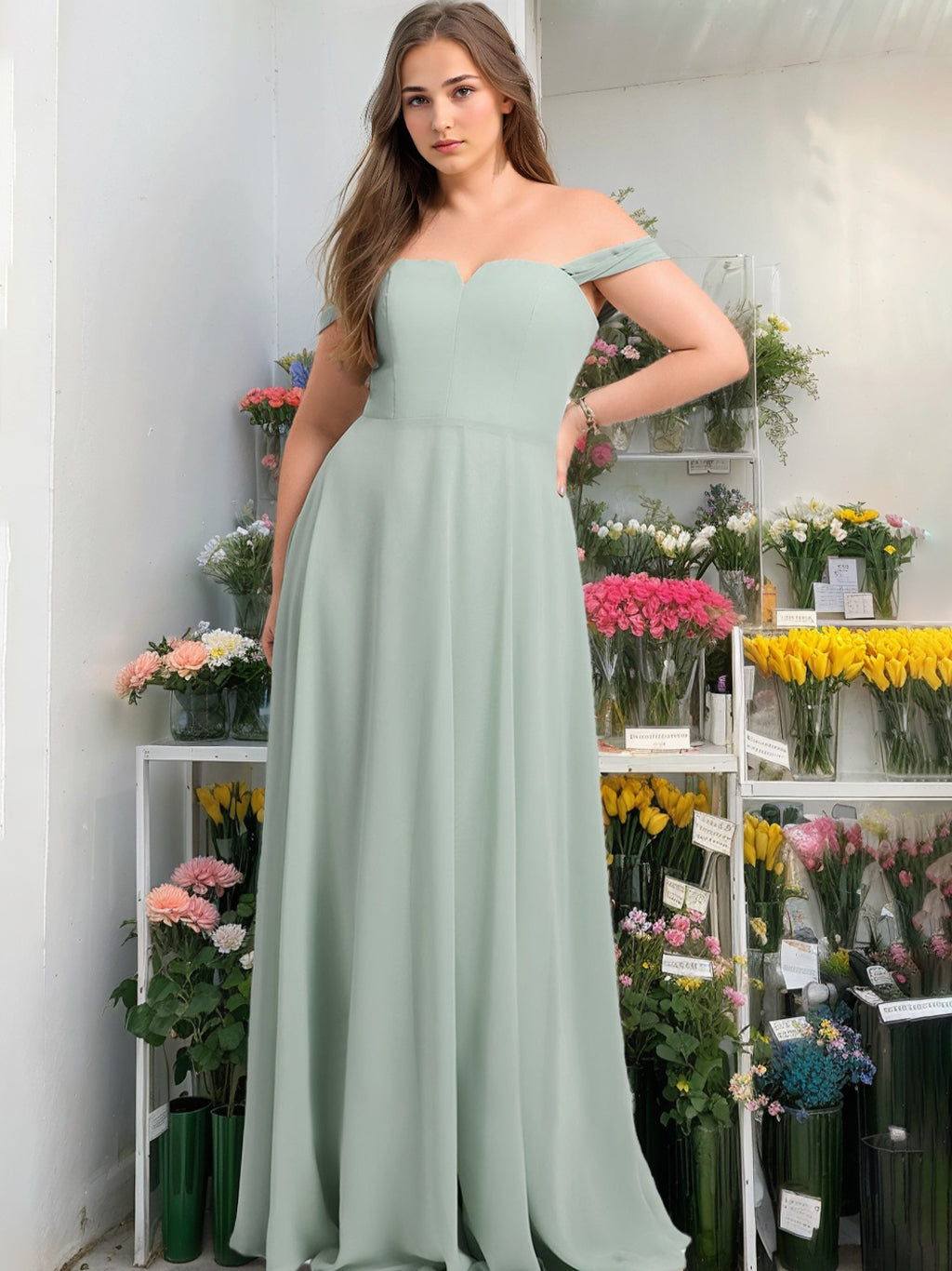 Off-the-Shoulder Bridesmaid Dresses Plus Size Women's A-Line Sleeveless Floor-Length Formal Wedding Guest Gowns, Agave