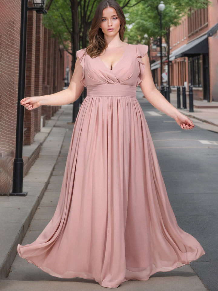 A-Line/Princess V-Neck Short Sleeves Floor-Length Plus Size Bridesmaid Dresses with Ruffles