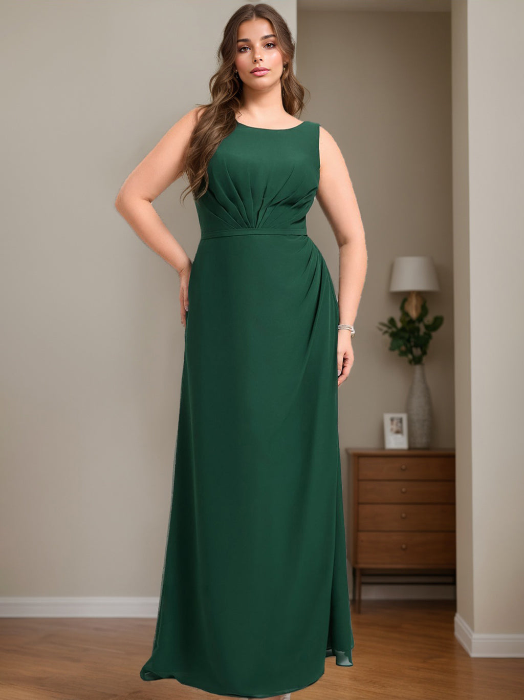 A-Line/Princess Boat Neck Sleeveless Floor-Length Plus Size Bridesmaid Dresses With Ruffles