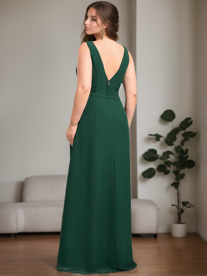 A-Line/Princess Boat Neck Sleeveless Floor-Length Plus Size Bridesmaid Dresses With Ruffles