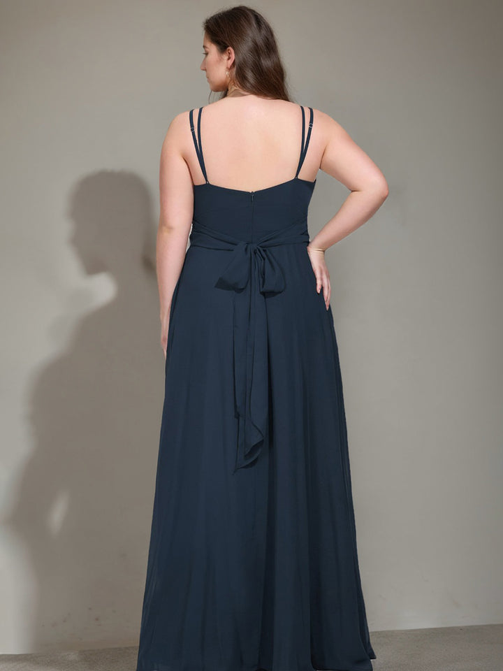 A-Line/Princess V-Neck Sleeveless Unique Chiffon Floor-Length Plus Size Bridesmaid Dresses with Ruffles