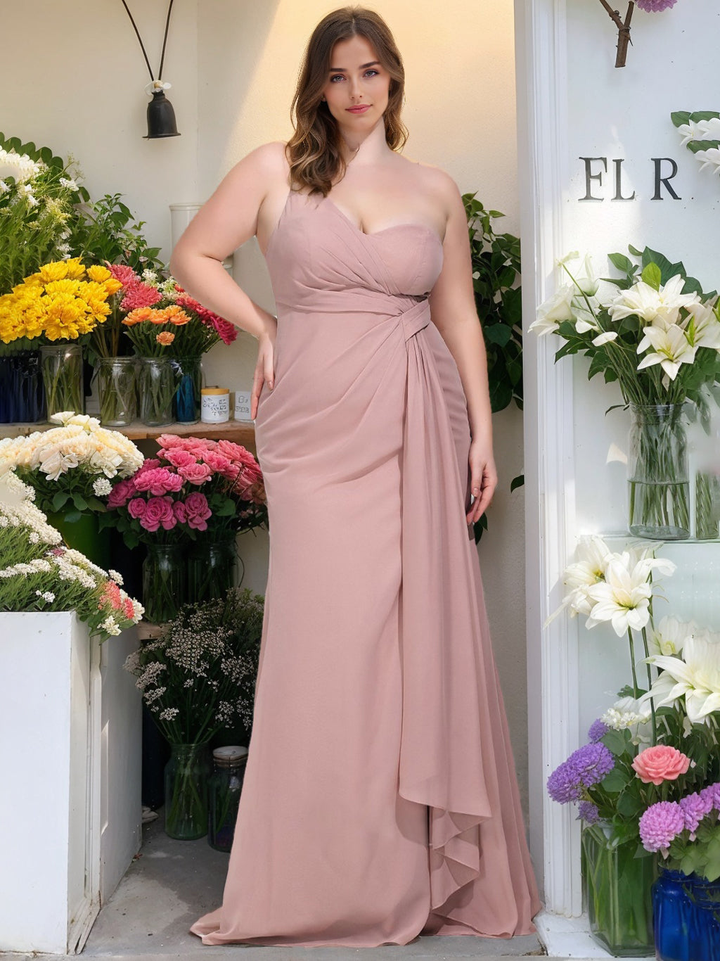 A-Line/Princess One-Shoulder Sleeveless Floor-Length Chiffon Plus Size Bridesmaid Dress With Ruffles