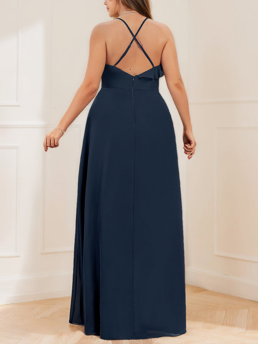 A-Line/Princess Spaghetti Straps Sleeveless Floor-Length Chiffon Plus Size Bridesmaid Dresses with Split Side