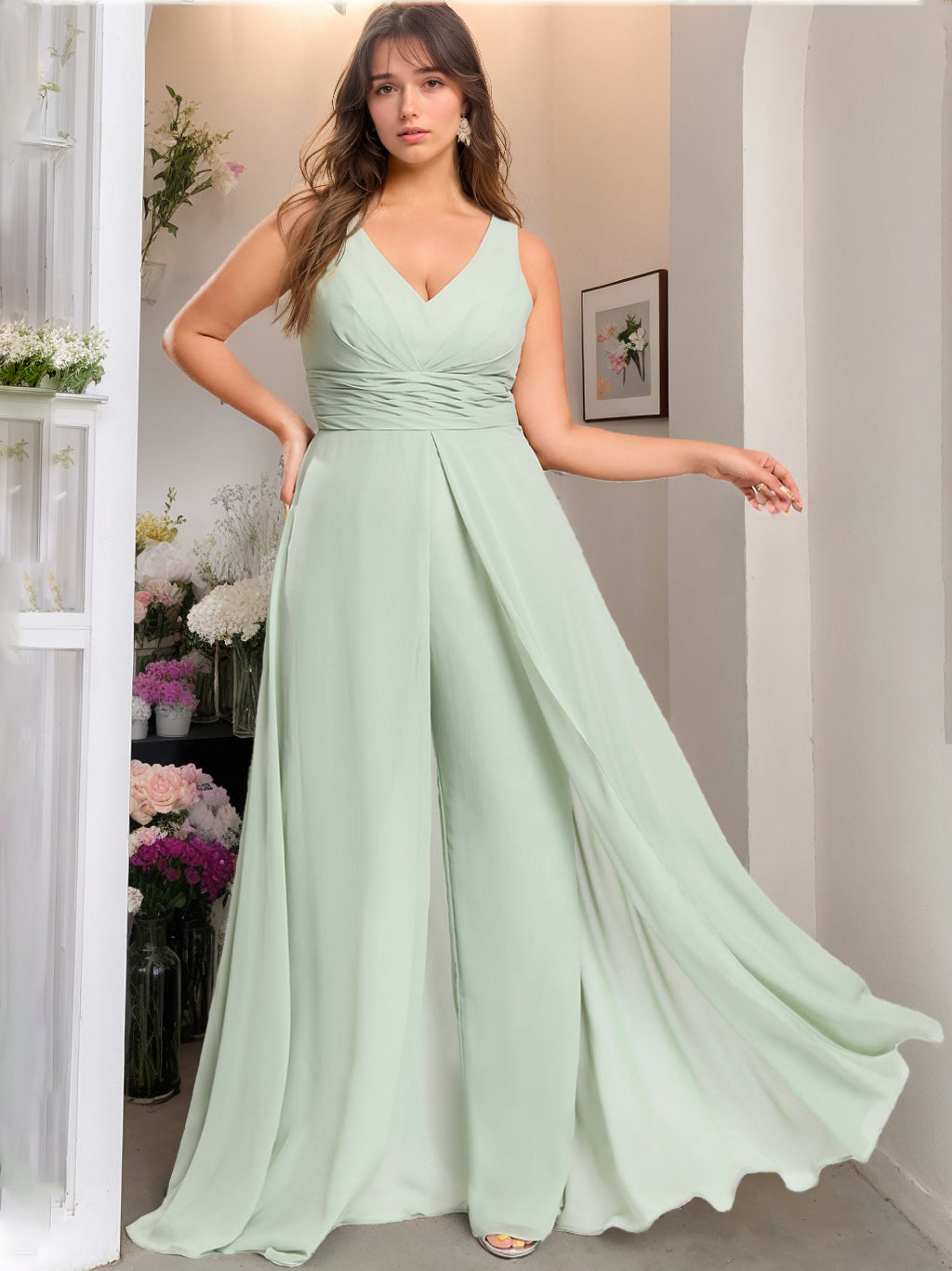 Pantsuit/Jumpsuit V-Neck Sleeveless Unique Chiffon Floor-Length Plus Size Bridesmaid Dresses with Ruffles