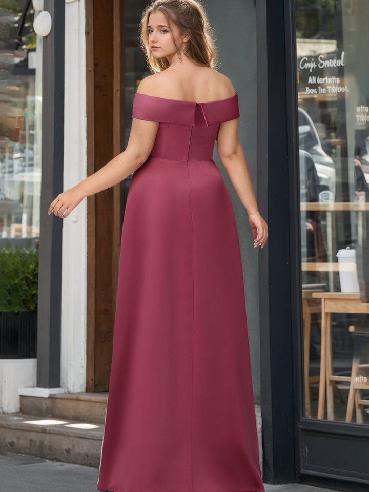 A-Line/Princess Off-the-Shoulder Floor-Length Satin Plus Size Bridesmaid Dresses with Split Side