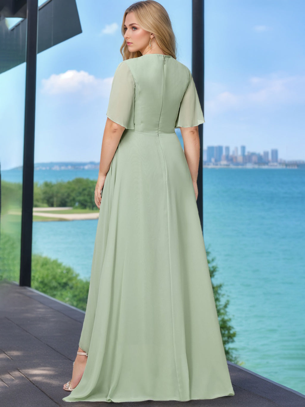 A-Line/Princess Scoop Neck Short Sleeves Asymmetrical Plus Size Bridesmaid Dress