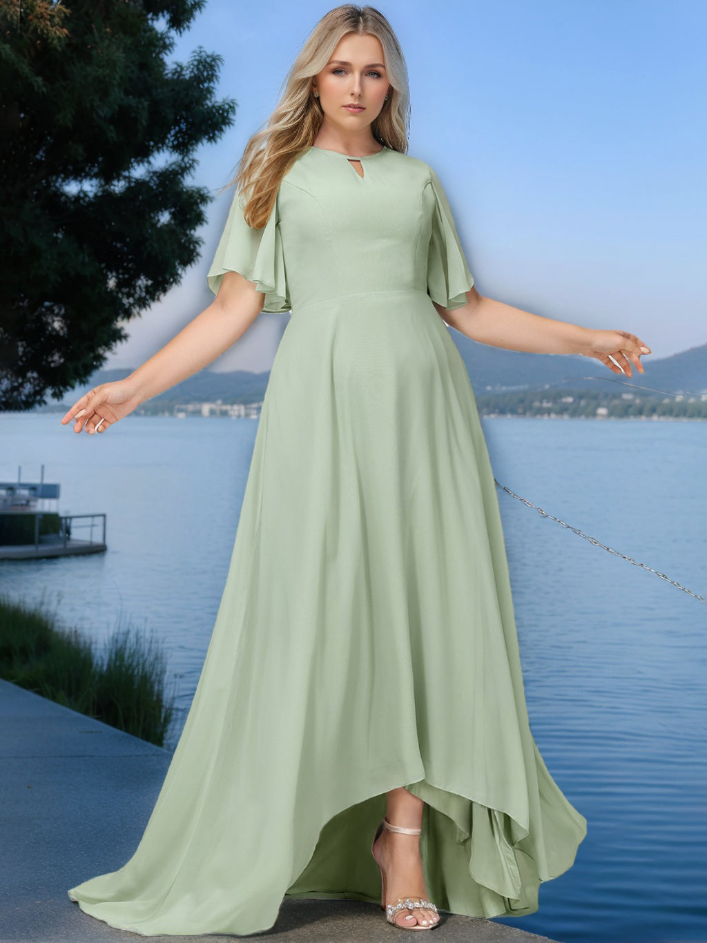 A-Line/Princess Scoop Neck Short Sleeves Asymmetrical Plus Size Bridesmaid Dress