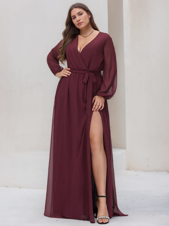 Bridesmaid Dresses Plus Size for Women A-Line Deep V-Neck Long Sleeves Floor-Length Formal Evening Gowns with Split Side & Belt, Cabernet Bridesmaid Dresses Plus Size for Women A-Line Deep V-Neck Long Sleeves Floor-Length Formal Evening Gowns with Split Side & Belt, Cabernet