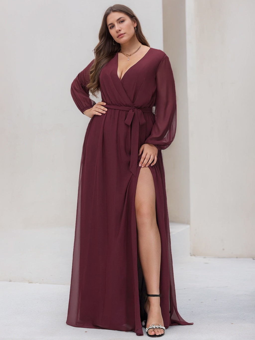Bridesmaid Dresses Plus Size for Women A-Line Deep V-Neck Long Sleeves Floor-Length Formal Evening Gowns with Split Side & Belt, Cabernet