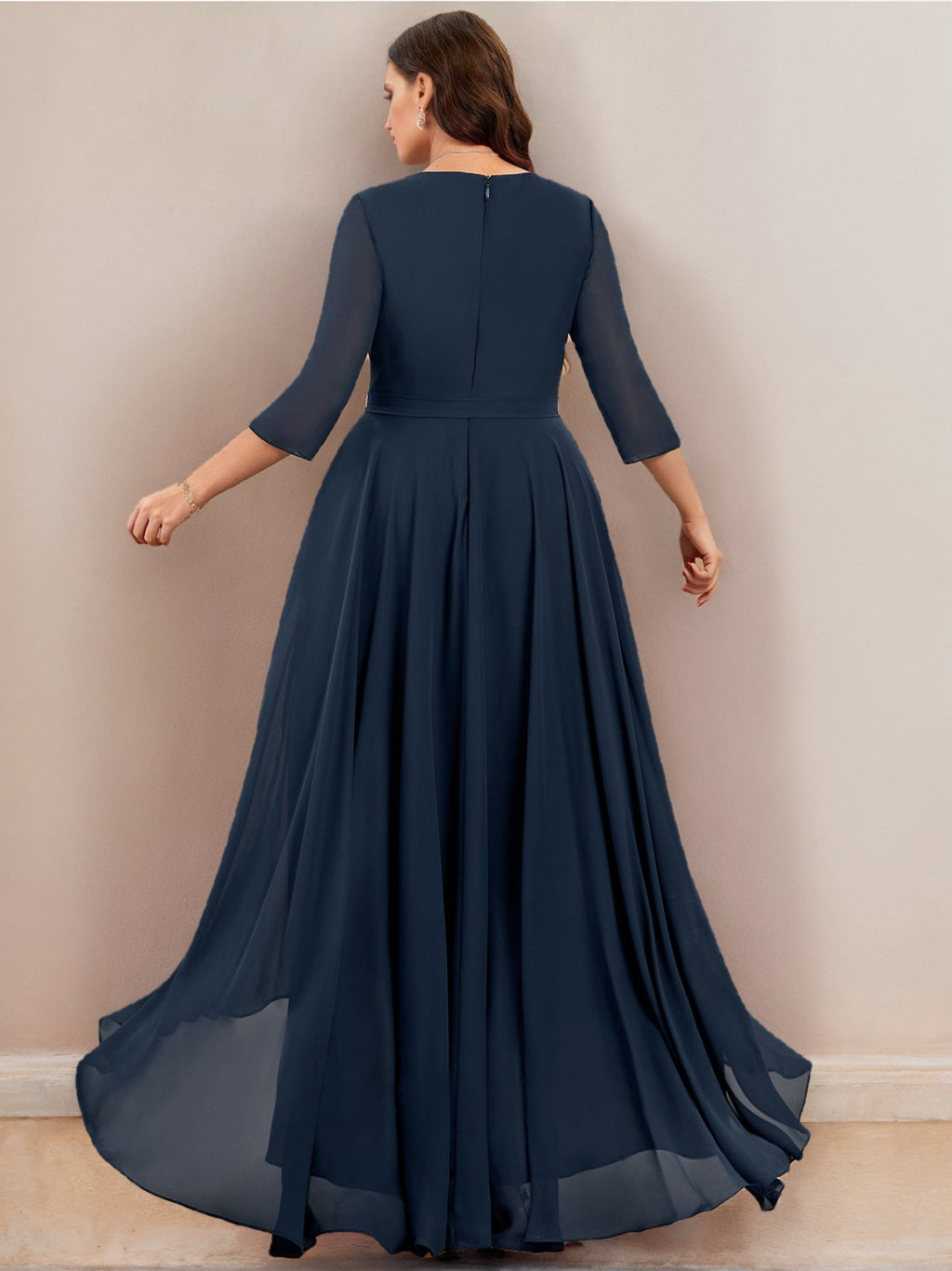 Navy Blue Bridesmaid Dresses 2026 Plus Size Chiffon A-Line V-Neck 3/4 Sleeves Asymmetrical Formal Wedding Guest Gowns with Belt, Navy Blue Navy Blue Bridesmaid Dresses 2026 Plus Size Chiffon A-Line V-Neck 3/4 Sleeves Asymmetrical Formal Wedding Guest Gowns with Belt, Navy Blue