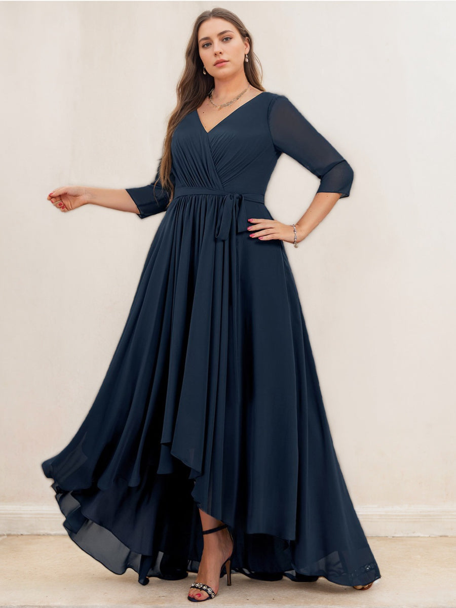 Navy Blue Bridesmaid Dresses 2026 Plus Size Chiffon A-Line V-Neck 3/4 Sleeves Asymmetrical Formal Wedding Guest Gowns with Belt, Navy Blue