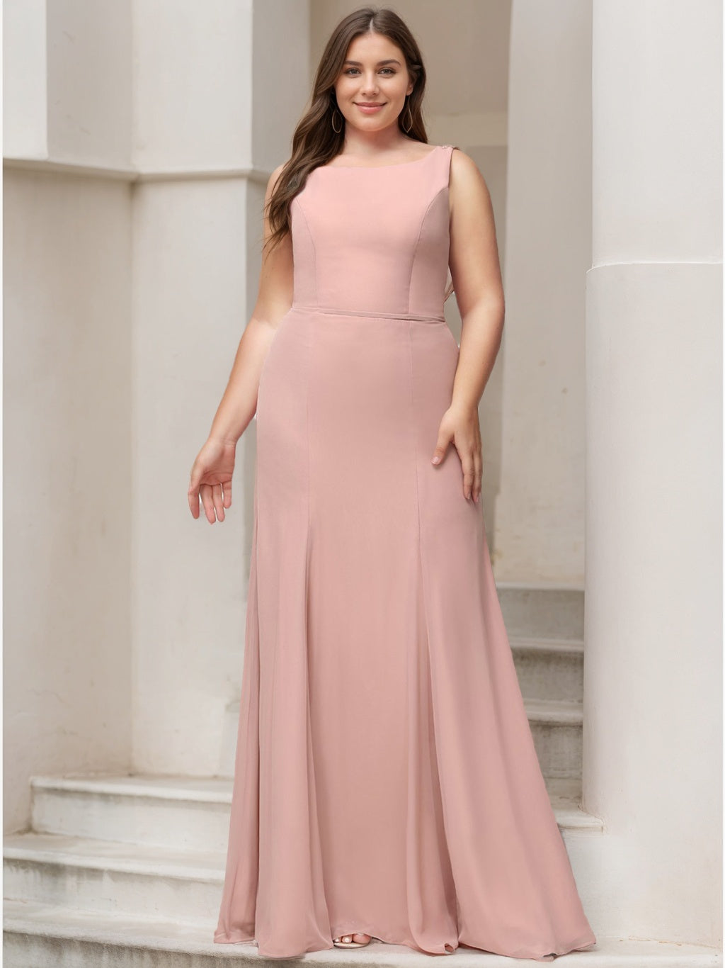 Plus Size Bridesmaid Dresses 2026 Dusty Rose Mermaid/Trumpet Scoop Neck Sleeveless Long Chiffon Formal Wedding Guest Gowns, Dusty Rose