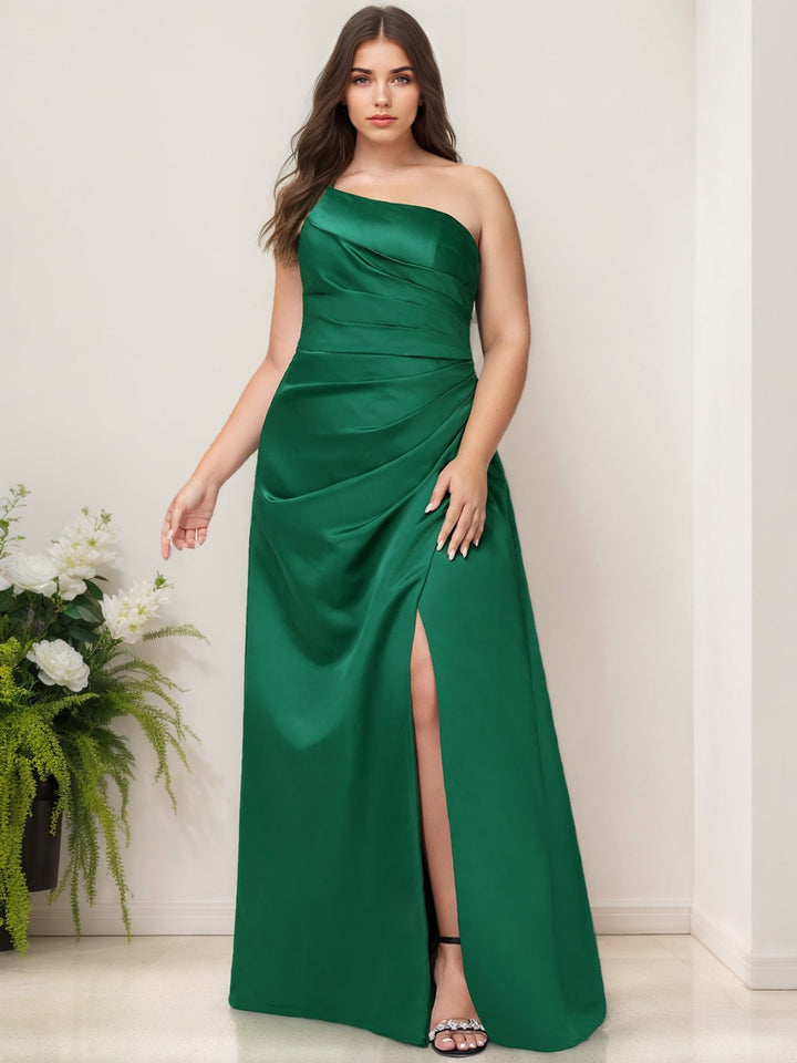 A-Line/Princess One-Shoulder Sleeveless Floor-Length Stretch Satin Plus Size Bridesmaid Dress With Ruffles & Split Side