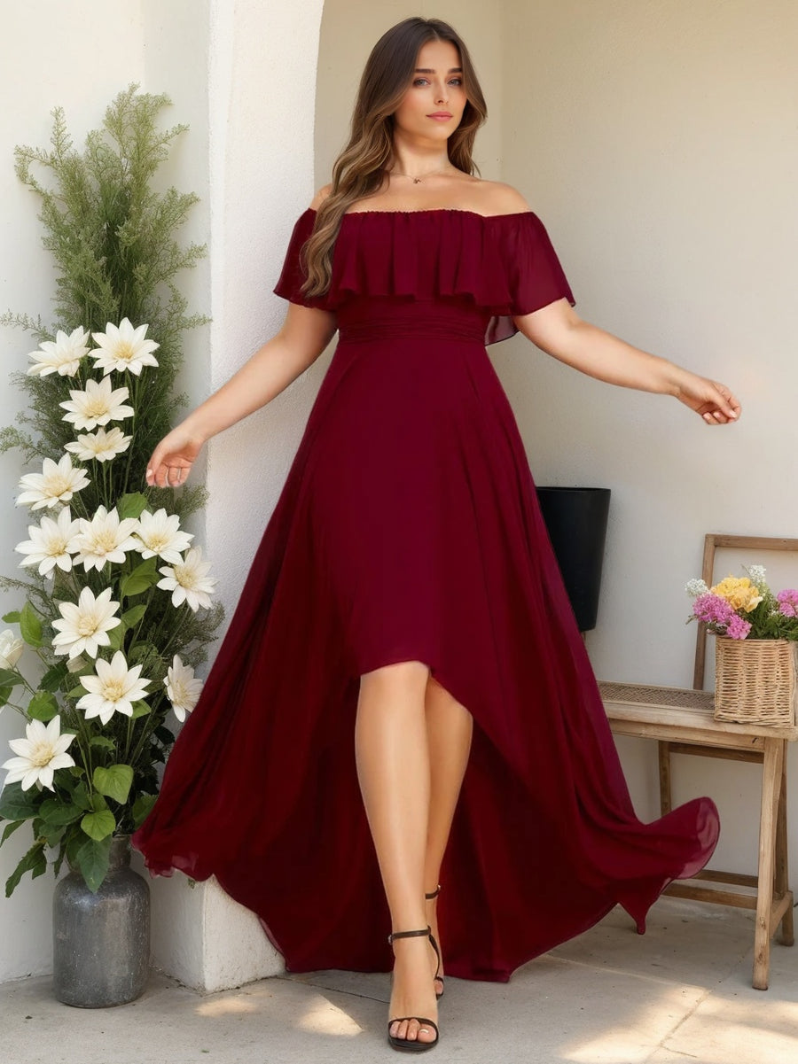 Burgundy Bridesmaid Dresses Plus Size Women's A-Line/Princess Off-the-Shoulder Formal Wedding Guest Gowns with Ruffles, Burgundy