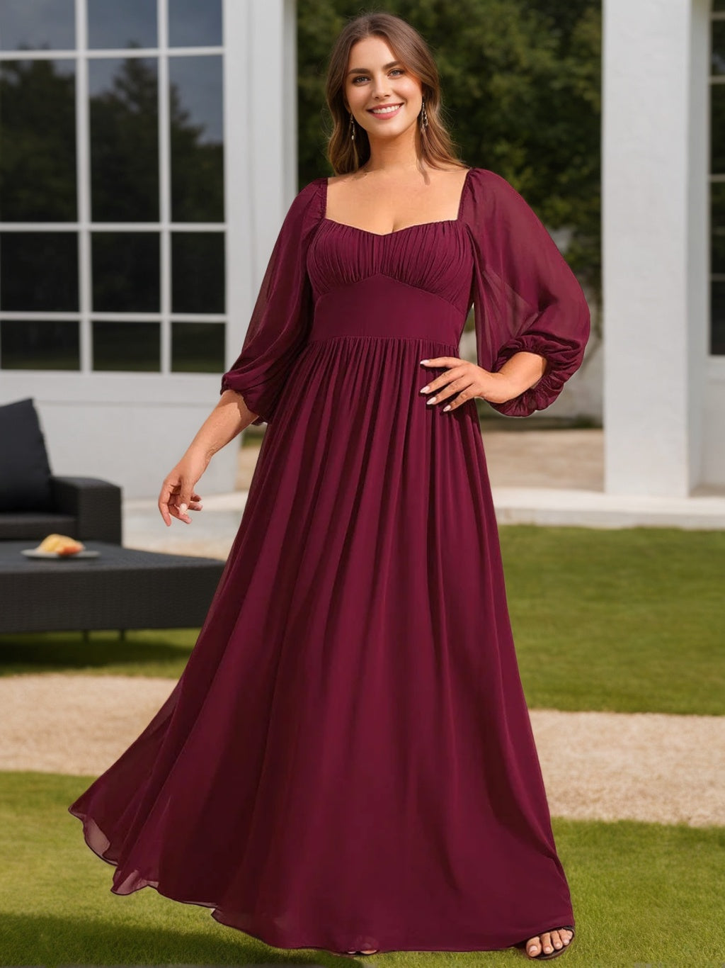 Burgundy Bridesmaid Dresses 2026 Plus Size A-Line V-Neck Square Neck 3/4 Sleeves Floor-Length Chiffon Formal Evening Gowns, Burgundy