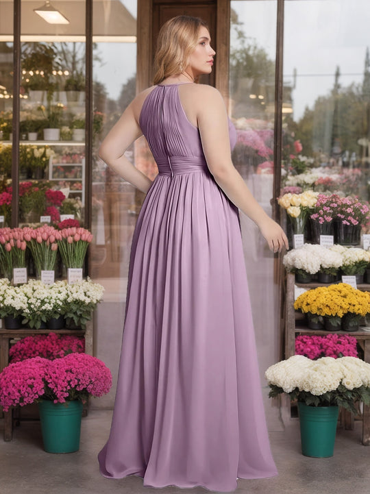 A-Line/Princess Halter Sleeveless Floor-Length Unique Plus Size Bridesmaid Dresses