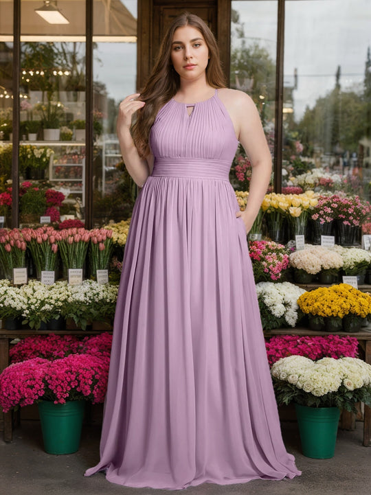 A Line/Princess Spaghetti Straps Sleeveless Floor-Length Chiffon Plus Size Bridesmaid Dresses with Split Side main image 1