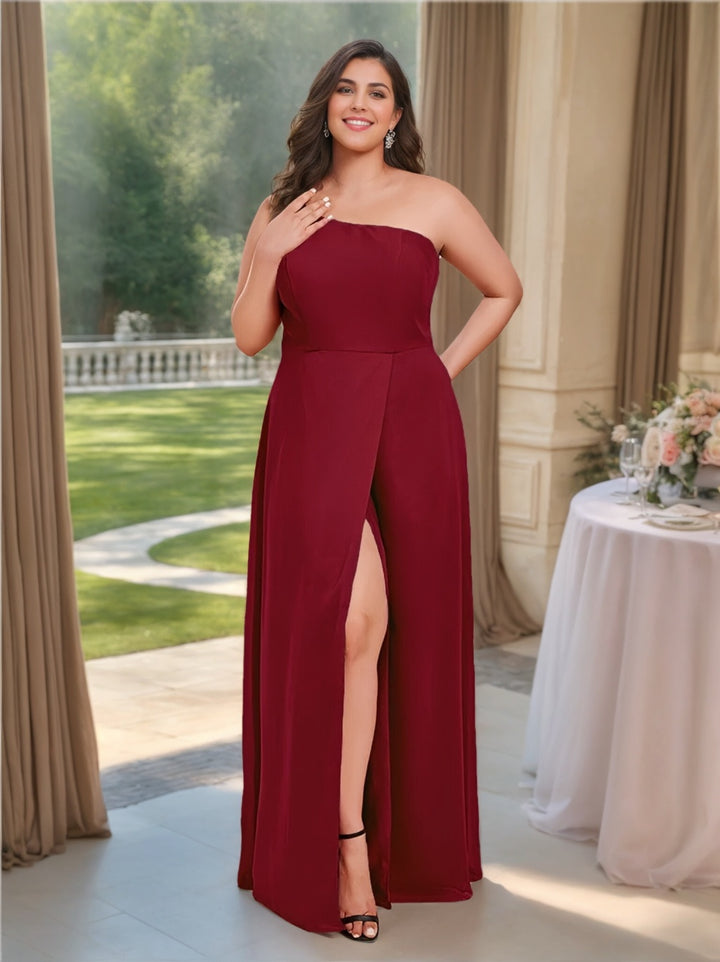 A-Line/Princess One-Shoulder Sleeveless Floor-Length Chiffon Plus Size Bridesmaid Dress With Split Side