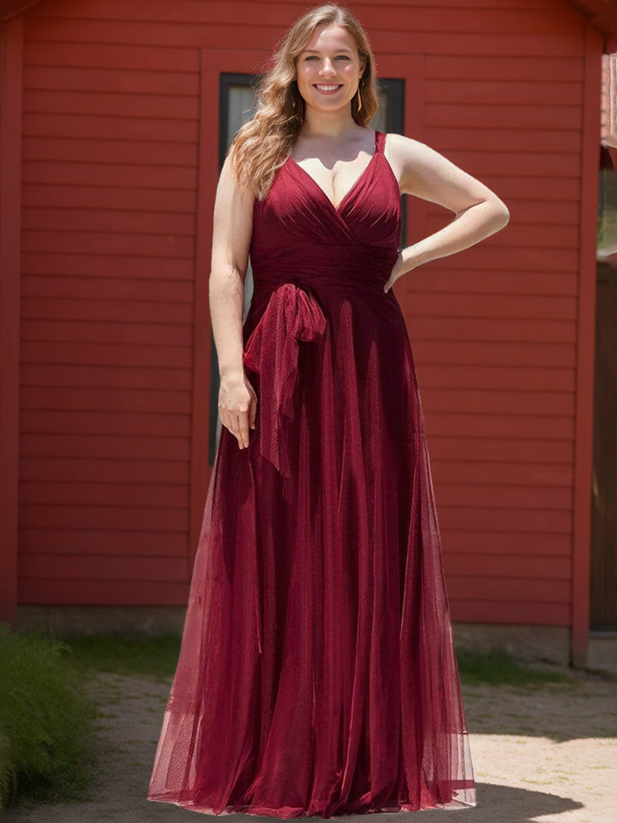 Tulle Prom Ball Gowns 2026 Plus Size Women's A Line Deep V-Neck Sleeveless Floor-Length Formal Evening Guest Gowns, Burgundy