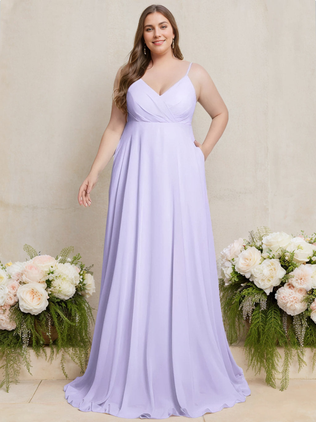 Lilac Bridesmaid Dresses 2026 Plus Size A-Line V-Neck Spaghetti Straps Sleeveless Floor-Length Formal Evening Gowns with Pockets, Lilac Lilac Bridesmaid Dresses 2026 Plus Size A-Line V-Neck Spaghetti Straps Sleeveless Floor-Length Formal Evening Gowns with Pockets, Lilac