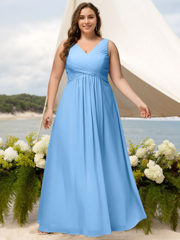 A-Line/Princess Deep V-Neck Sleeveless Floor-Length Chiffon Plus Size Bridesmaid Dresses with Ruffles