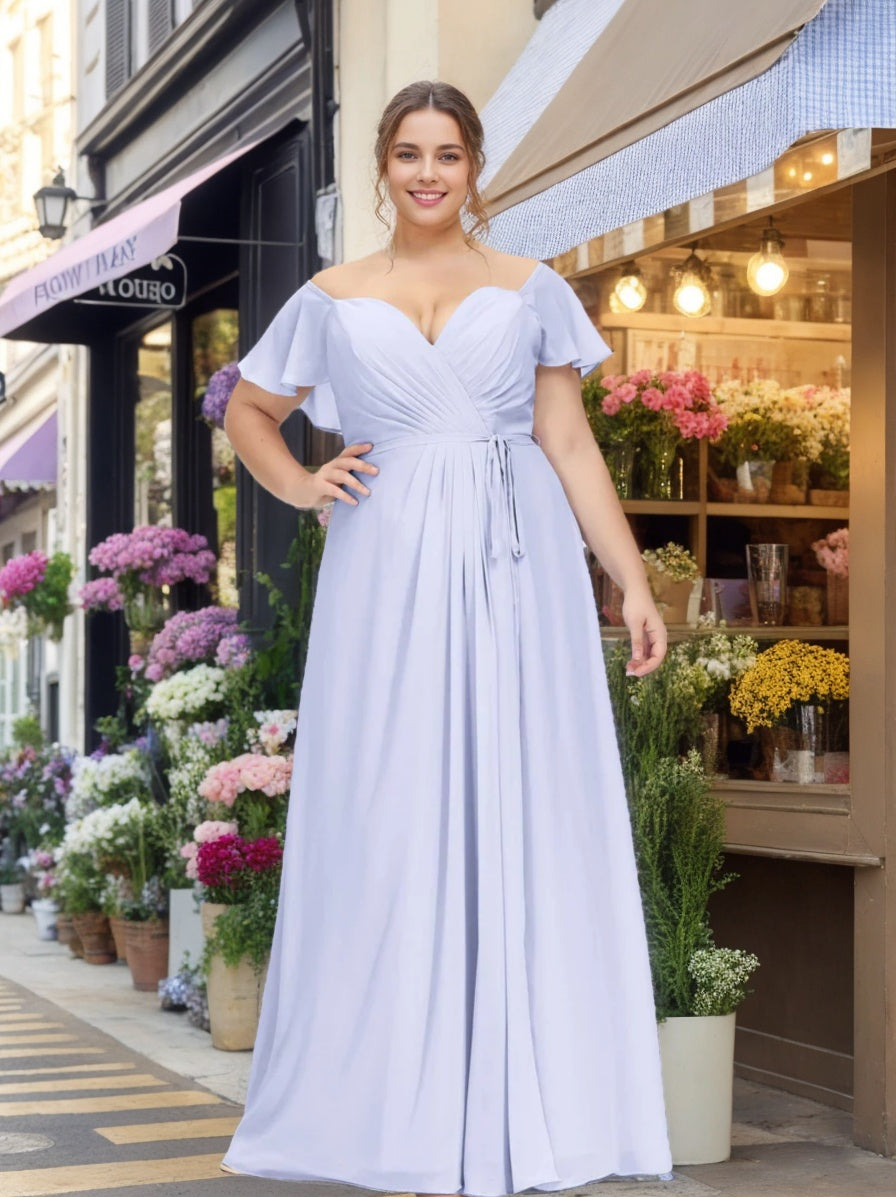 Plus Size Bridesmaid Dresses 2026 Chiffon A-Line V-Neck Sweetheart Short Sleeves Long Formal Wedding Guest Gowns with Ruffles, Lavender Plus Size Bridesmaid Dresses 2026 Chiffon A-Line V-Neck Sweetheart Short Sleeves Long Formal Wedding Guest Gowns with Ruffles, Lavender