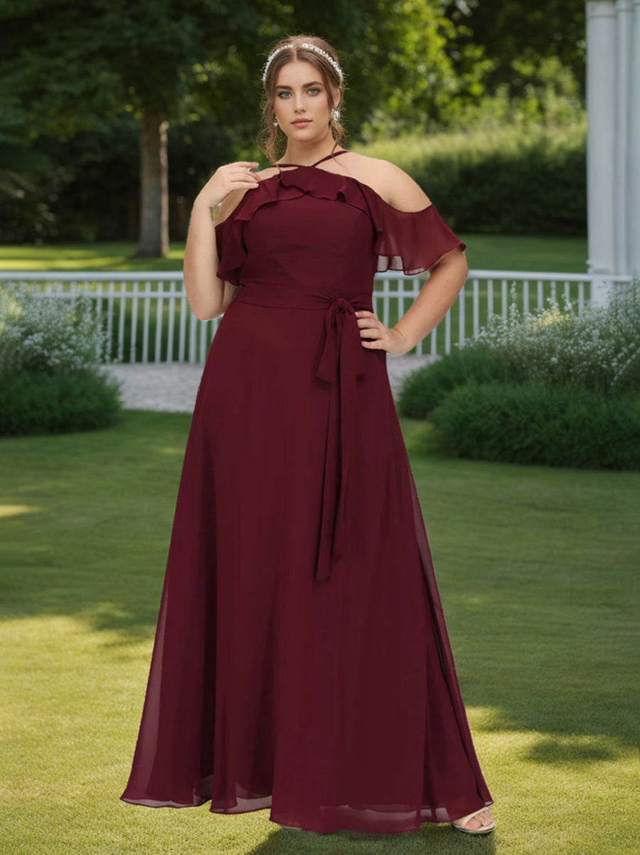 Burgundy Bridesmaid Dresses Plus Size A-Line Criss Cross Short Sleeves Floor-Length Chiffon Formal Wedding Guest Gowns with Belt, Burgundy