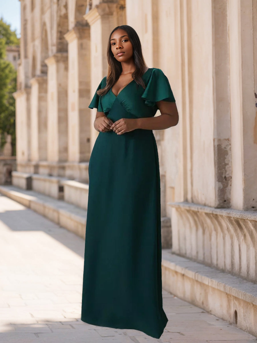 Emerald Bridesmaid Dresses Plus Size 2026 for Women A-Line Deep V-Neck Short Sleeves Floor-Length Formal Evening Gowns, Emerald