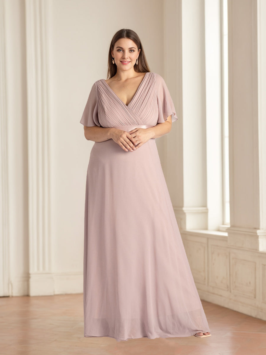 Bridesmaid Dresses Plus Size Elegant Women's A-Line V-Neck Short Sleeves Floor-Length Formal Wedding Guest Evening Gowns, As Pic Bridesmaid Dresses Plus Size Elegant Women's A-Line V-Neck Short Sleeves Floor-Length Formal Wedding Guest Evening Gowns, As Pic