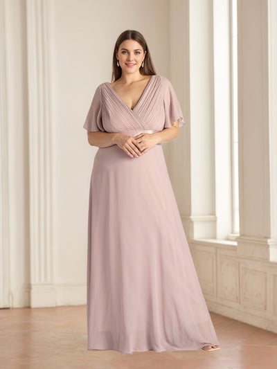 A-Line/Princess V-Neck Spaghetti Straps Sleeveless Floor-Length Chiffon Plus Size Bridesmaid Dresses with Ruffles main image 0
