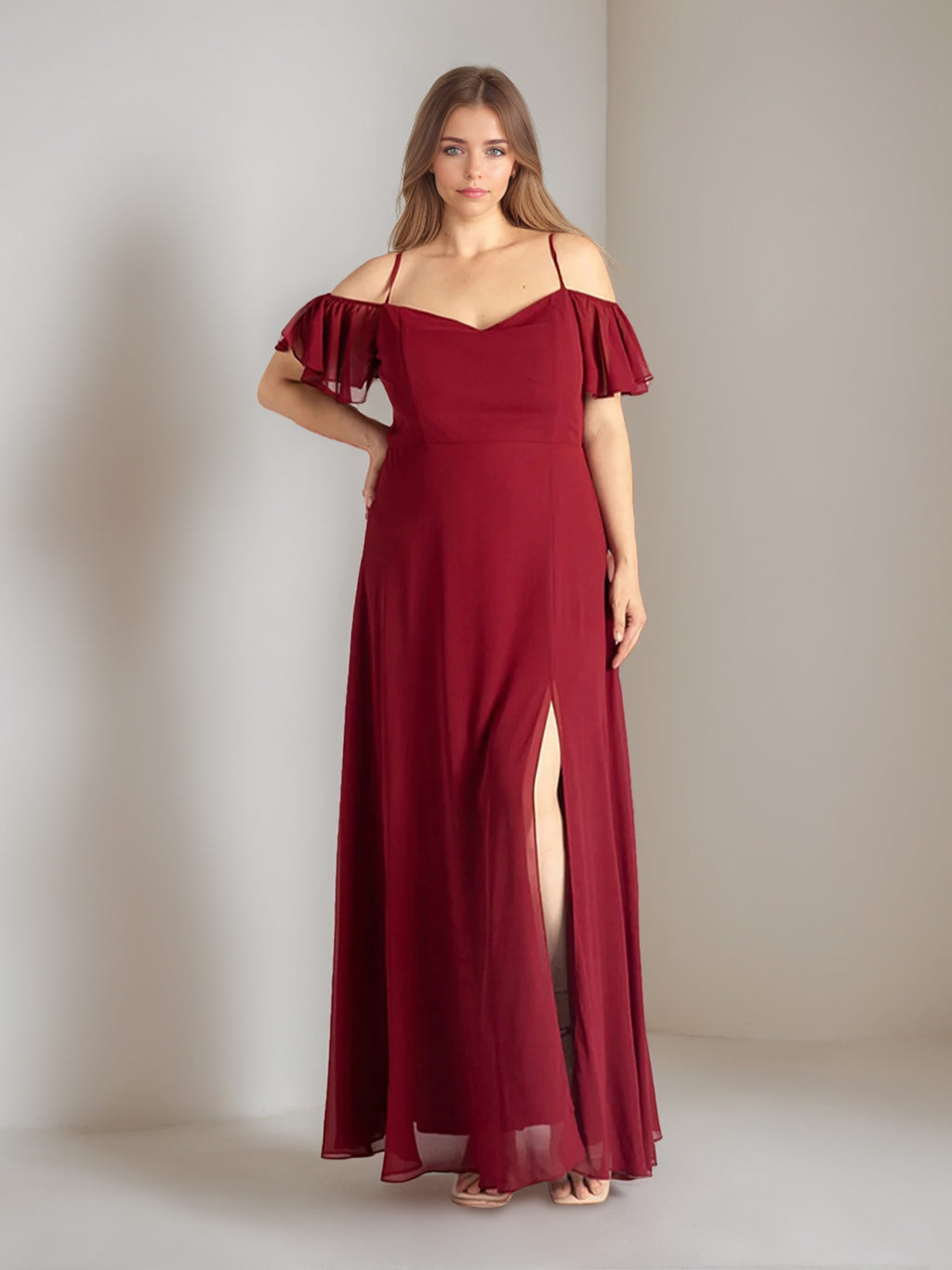 Burgundy Bridesmaid Dresses Plus Size 2026 A-Line Spaghetti Straps Floor-Length Chiffon Formal Evening Gowns with Split Side, Burgundy