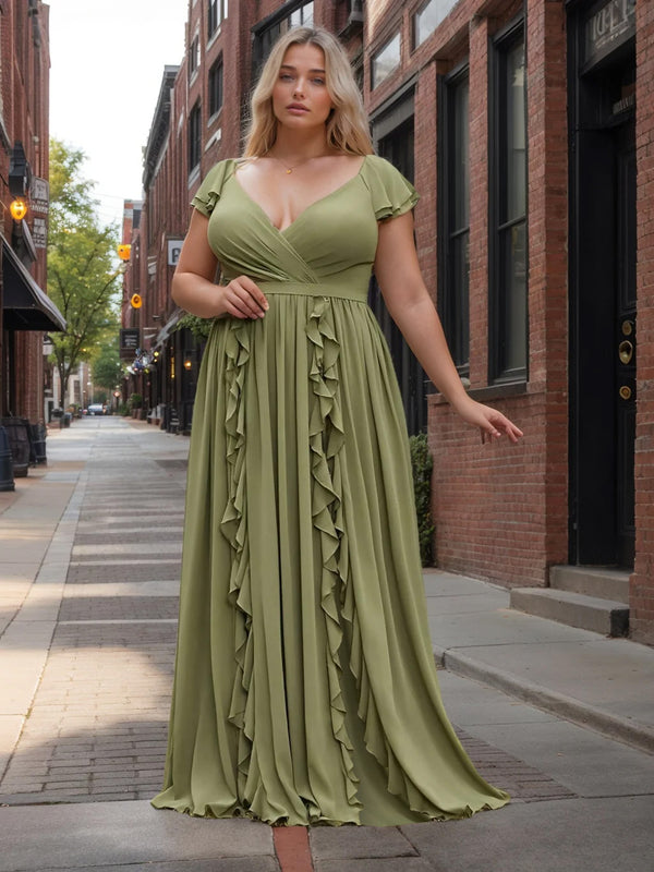 A-Line/Princess Deep V-Neck Short Sleeves Floor-Length Chiffon Plus Size Bridesmaid Dresses with Ruched