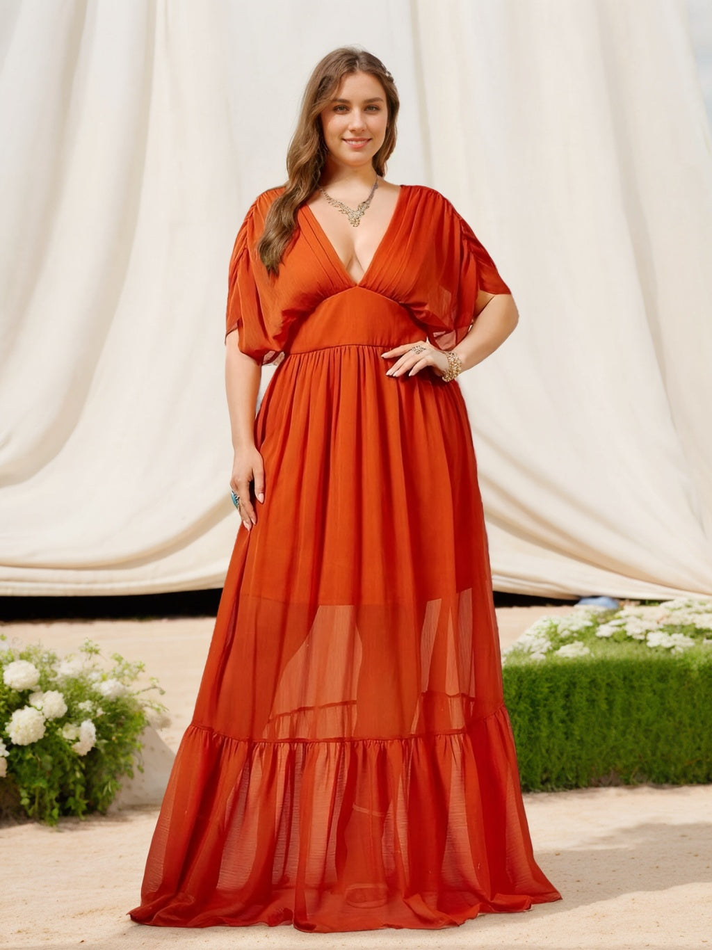 A Line/Princess Deep V-Neck Half Sleeves Floor-Length Plus Size Bridesmaid Dresses with Ruffles