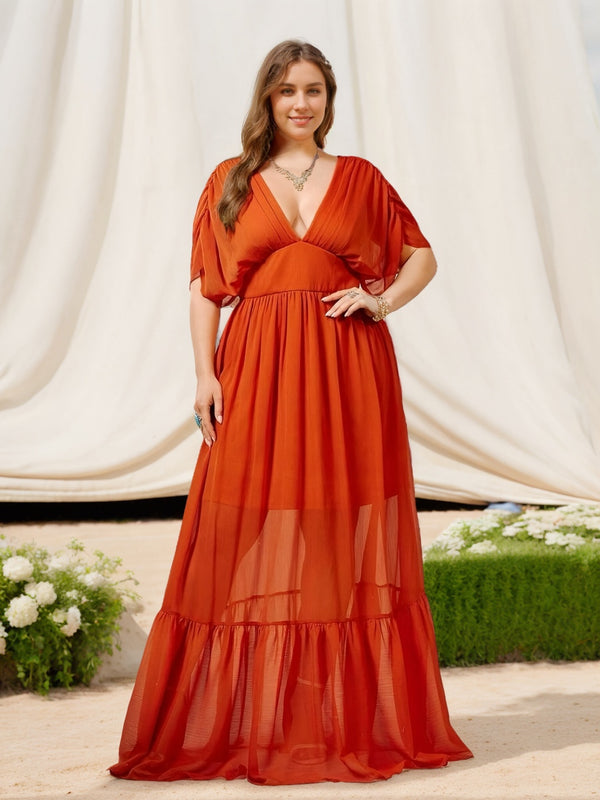 A-Line/Princess Deep V-Neck Half Sleeves Floor-Length Plus Size Bridesmaid Dresses with Ruffles