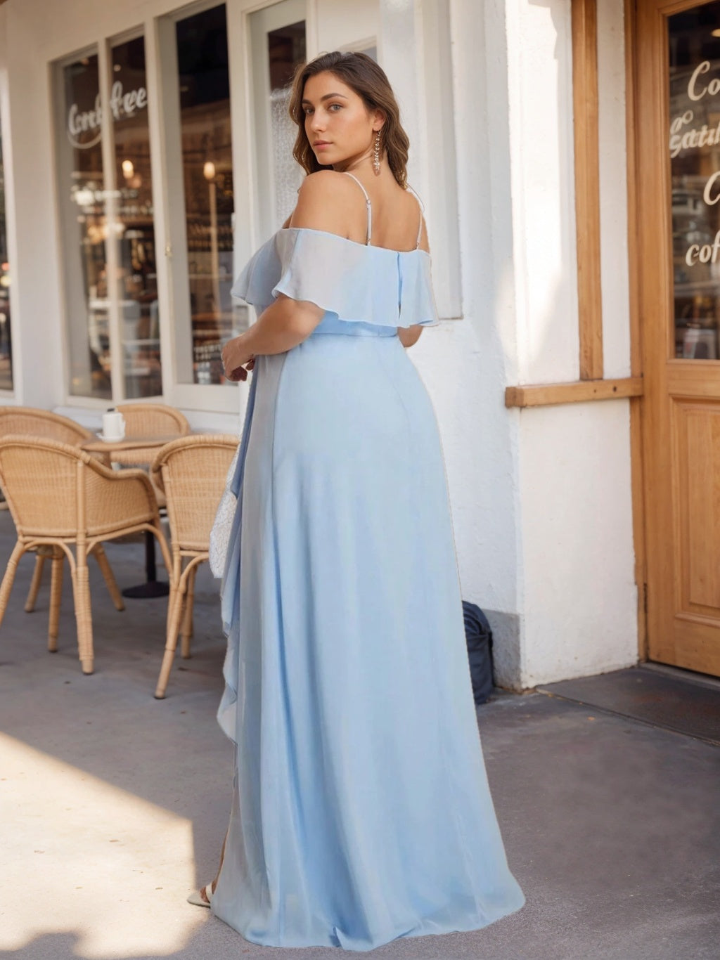 A-Line/Princess Spaghetti Straps Off-the-Shoulder Chiffon Plus Size Bridesmaid Dresses with Split Side