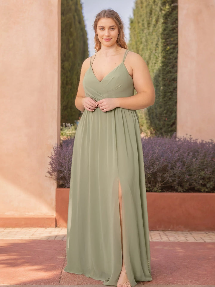 A-Line/Princess V-Neck Spaghetti Straps Sleeveless Floor-Length Plus Size Bridesmaid Dresses with Split Side